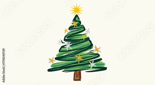 Charming Hand Drawn Style Christmas Tree with Gold and Silver Stars Illustration