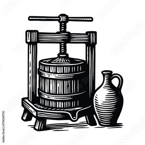 Vintage woodcut showing a traditional fruit press and a clay jug.