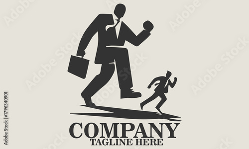 Vector illustration of a small businessman running away from a giant figure in a business suit about to step on him, metaphorical vector illustration of job pressure. Underdog day icon