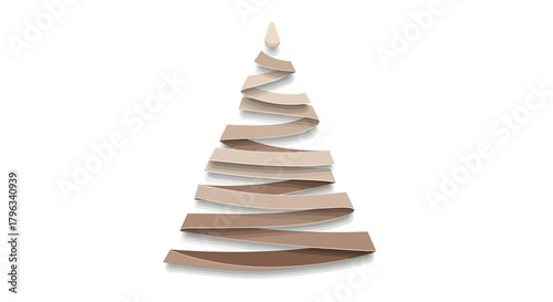 Minimalist Abstract Christmas Tree Made of Natural Wood Ribbon on White Background