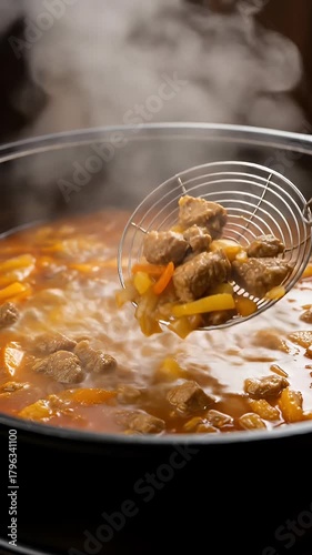 Chef Scoops Tender Meat and Vegetables from a Large Pot of Simmering, Steaming Goulash