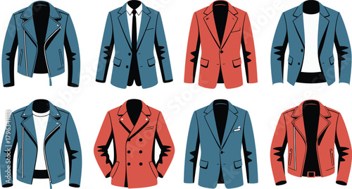 Assorted Jackets and Blazers Illustration Blue Moto Jacket, Red Double Breasted, Business Casual