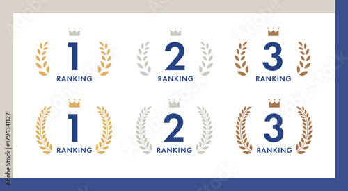 ローレルと王冠付きのランキング順位アイコンセット｜1位,2位,3位,月桂冠
