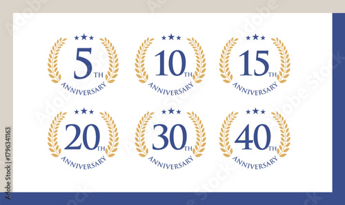 星と月桂冠付きのアニバーサリーロゴセット｜5周年,10周年,15周年,20周年,30周年,40周年