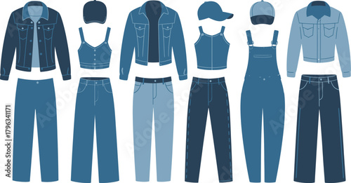 Assorted Denim Clothing Jackets, Overalls, Pants, and Tops in Blue Tones Fashion Displayed
