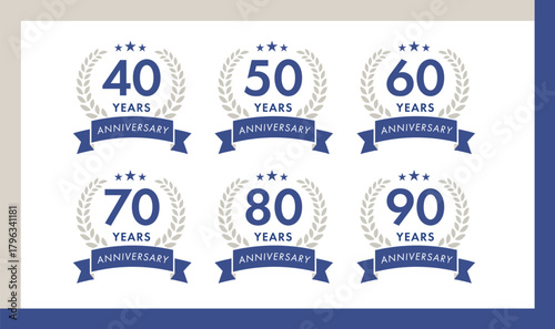 リボン付きアニバーサリーロゴセット・月桂冠と星の記念デザイン｜40周年,50周年,60周年,70周年,80周年,90周年