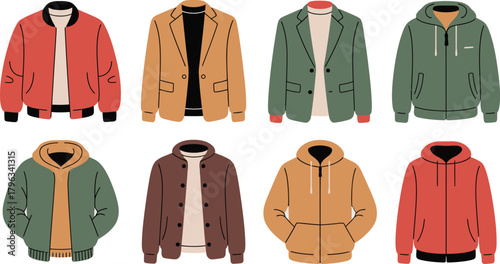 Assorted outerwear Illustration of Coats, Jackets, Hoodies in Various Styles and Colors