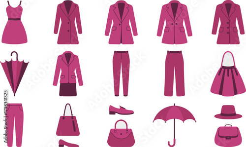 Assorted Magenta Fashion Items Blazers, Dresses, Trousers, Umbrellas, Bags, Shoes, and Hat Illustration