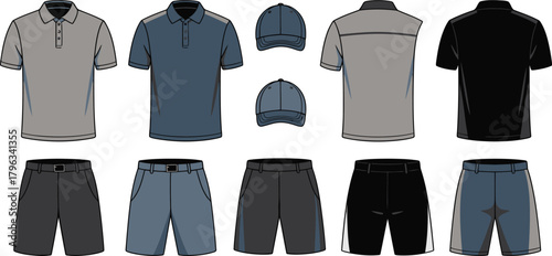 Assorted Polo Shirts, Shorts, and Caps in Gray, Blue, and Black Apparel Illustration