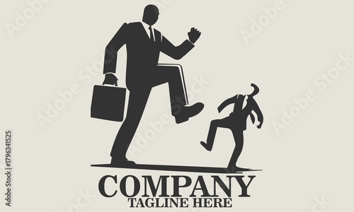 Vector illustration of a small businessman running away from a giant figure in a business suit about to step on him, metaphorical vector illustration of job pressure. Underdog day icon