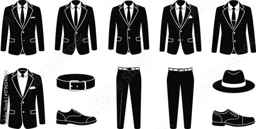 Black and White Illustrated Men's Formal Wear Suits, Pants, Belt, Hat, Shoes