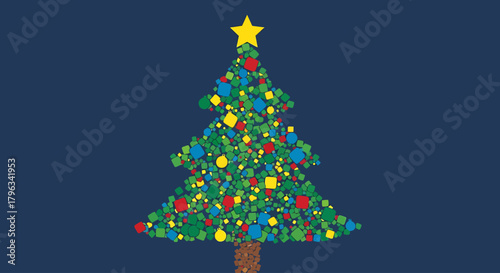Colorful Christmas Tree Decoration on Blue Background Illustration