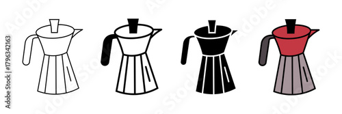 Set of minimalist Moka pot icons with transparent background, depicting coffee brewing essentials, espresso machines, and kitchen appliances, vector illustration