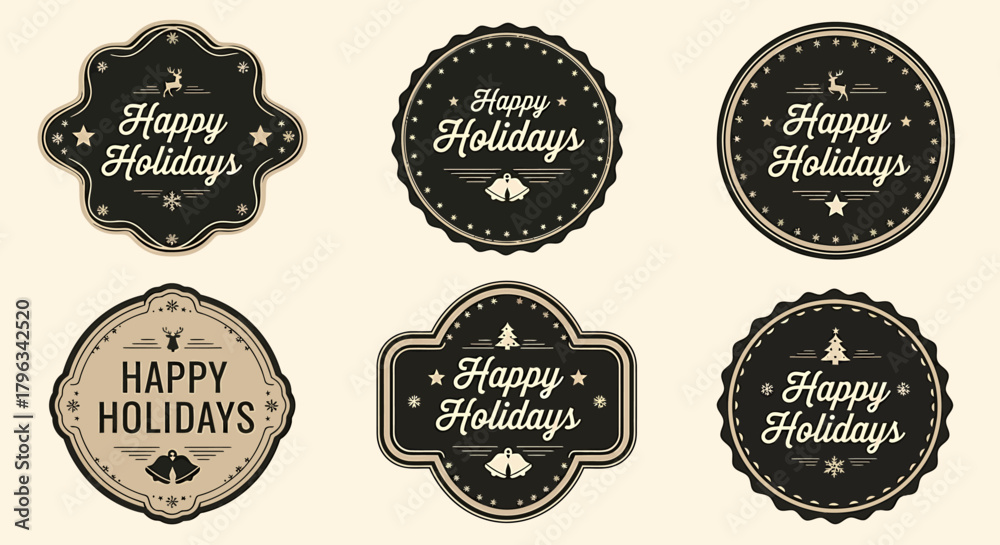 Obraz premium Set of Six Vintage Happy Holidays Badges Labels and Stamps for Winter Season Marketing