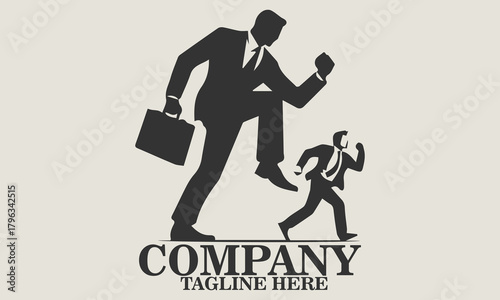 Vector illustration of a small businessman running away from a giant figure in a business suit about to step on him, metaphorical vector illustration of job pressure. Underdog day icon