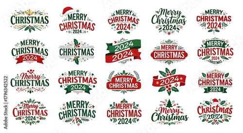 Collection of Merry Christmas and Happy New Year 2024 Decorative Badges and Logos