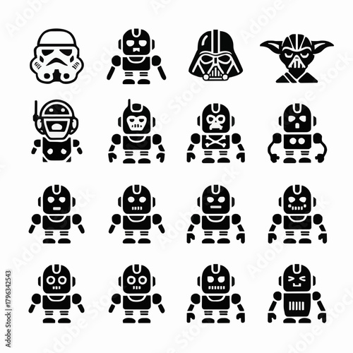 Massive Black Vector Icon Collection of Sci-Fi Droids and Characters