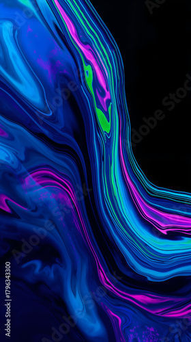 Fluid neon art with glowing pink, purple, and blue waves