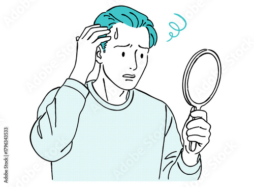 薄毛・生え際を心配する男性,AGA,ヘアケア,頭皮の悩み,手鏡,シンプル,ベクター