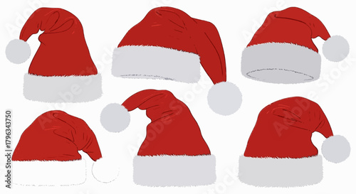 Realistic set of red santa hats. New Year red hat. - stock vector.