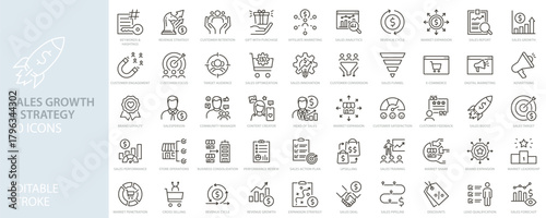 Sales growth, marketing strategy, and business analytics line icon set. Revenue, customer retention, and e-commerce vector icons. Thin line editable stroke symbols