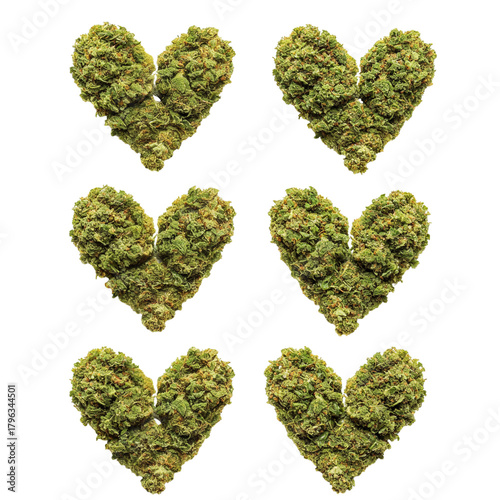 Six heart shapes formed from green cannabis buds symbolizing love and wellness isolated on transparent background