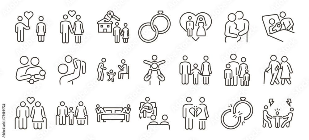 Fototapeta premium Modern family relationships icon set. Thin line vector illustration icons with editable stroke. Love, marriage, parenting, childhood, elderly care, emotional connection, conflict, and family support.