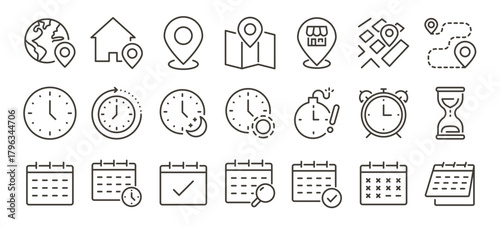 Time and location scheduling icons set. Clocks, maps and calendars. Thin line editable stroke icon illustrations