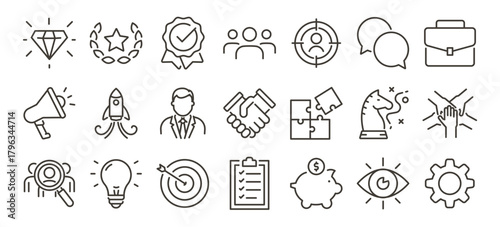Corporate culture, leadership and teamwork icon set. Mission, vision, strategy, success and values thin line vector editable stroke illustration icons.