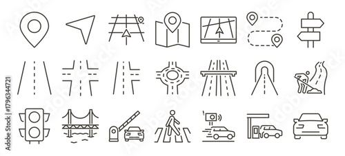 Roads and Navigation icons set. Highways, directions, driving and map routes. Thin line editable stroke vector illustrations.