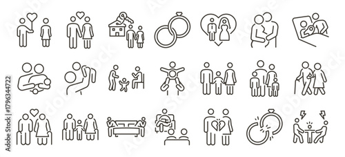 Modern family relationships icon set. Thin line vector illustration icons with editable stroke. Love, marriage, parenting, childhood, elderly care, emotional connection, conflict, and family support.