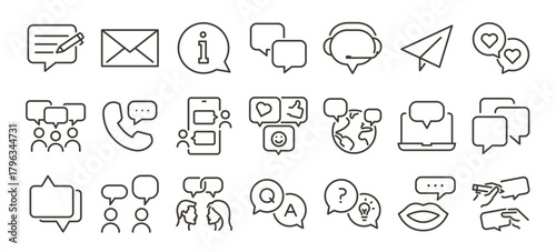 Communication, messaging, dialogue and chatting icons. Thin line editable stroke vector icon illustrations