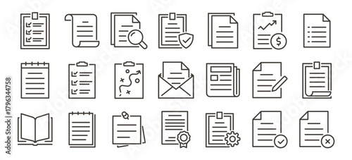 Documents, files, paperwork, checklist and reports icons. Thin line editable stroke vector icon illustrations
