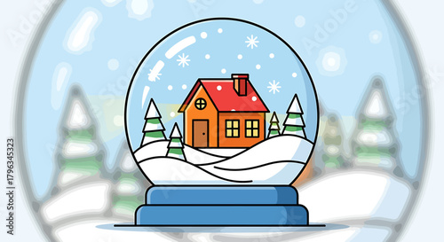 Charming Cartoon Snow Globe with Cozy House and Winter Landscape Illustration