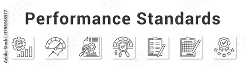 Performance Standards  Modern and clean web banner illustration vector featuring thematic icons”