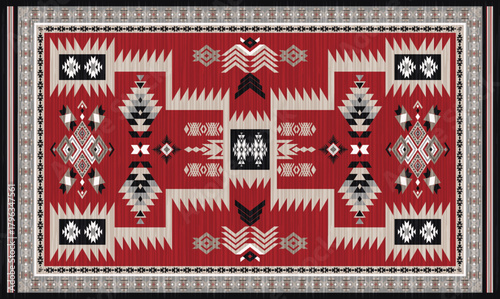 Navajo storm pattern rug style vector.Sacred mountain symbolism with central rectangular motif connecting four corners.Representing weather,lightning.Carpet southwestern tribal geometric illustration.