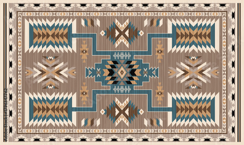 Navajo storm pattern rug style vector.Sacred mountain symbolism with central rectangular motif connecting four corners.Representing weather,lightning.Carpet southwestern tribal geometric illustration.