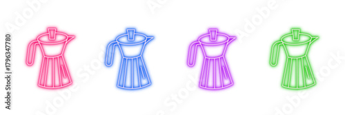 Neon glowing moka pot vector icons set, coffee, maker, espresso, hot, beverage, kitchen, appliance, cafe, vibrant, colorful, energy, breakfast.