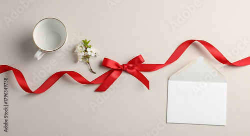 Festive Invitation Red ribbon winds around a white envelope accented by flowers  cup