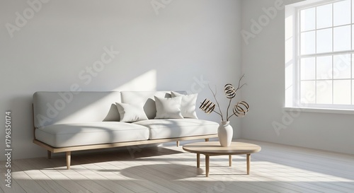 Minimalist interior white sofa round table modern vase with golden accents near sunlit window creating a bright clean space