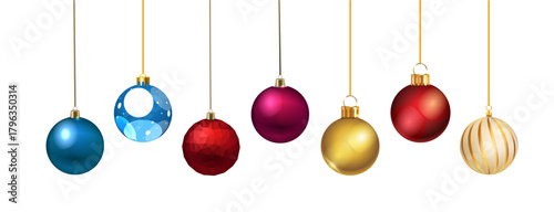 Vibrant collection of hanging Christmas ornaments with diverse colors, textures, and shiny finishes.