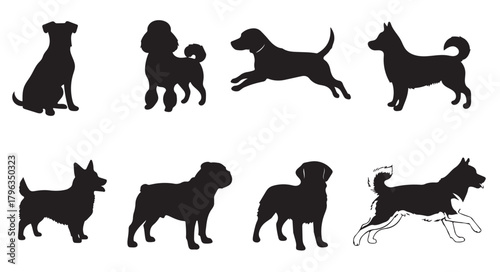 Dog Breed Silhouette Set. Vector icons of various purebred dogs for veterinary, grooming, and pet shop branding.
