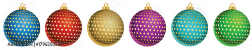 A vibrant set of six Christmas ornaments decorated with a repeating golden star pattern.