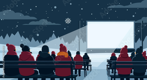 A flat design illustration showing an audience watching an outdoor film screening in a winter setting, evoking the unique atmosphere of a snowy film festival. 