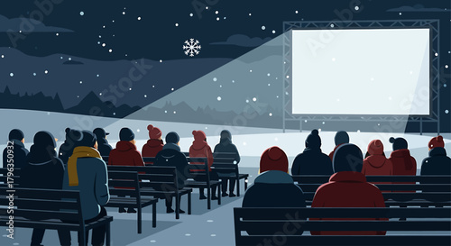 A flat design illustration showing an audience watching an outdoor film screening in a winter setting, evoking the unique atmosphere of a snowy film festival. 
