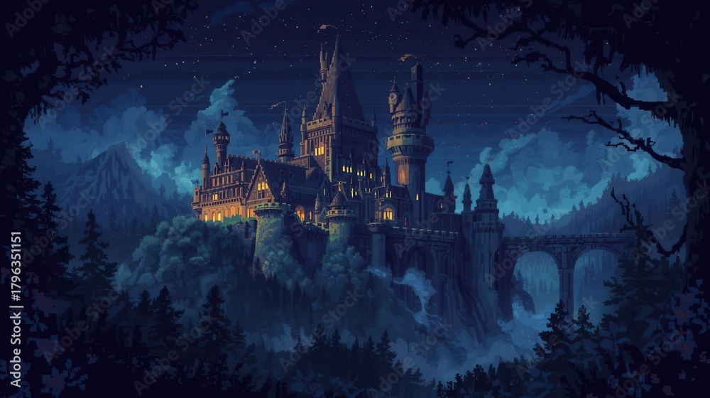 Fototapeta premium Gothic Castle Pixel Art On Misty Hilltop With Starry Night And Stone Bridge