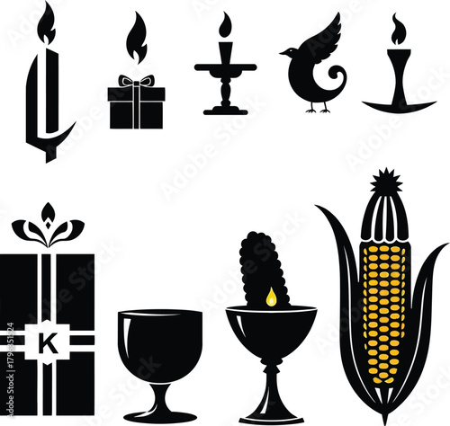 Kwanzaa african culture Black silhouette icons of candles gift box bird chalice and corn on white background