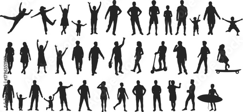 Human silhouette vector, people activity icons, walking dancing jumping, family interaction poses, urban lifestyle drawing, cad drawing flat vector illustration