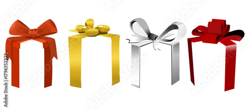 Four stylized gift boxes formed by colorful red, gold, and silver ribbons with bows.