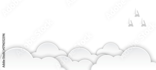 Three white paper airplanes soaring above layered paper cut clouds in a clean, minimalist design.